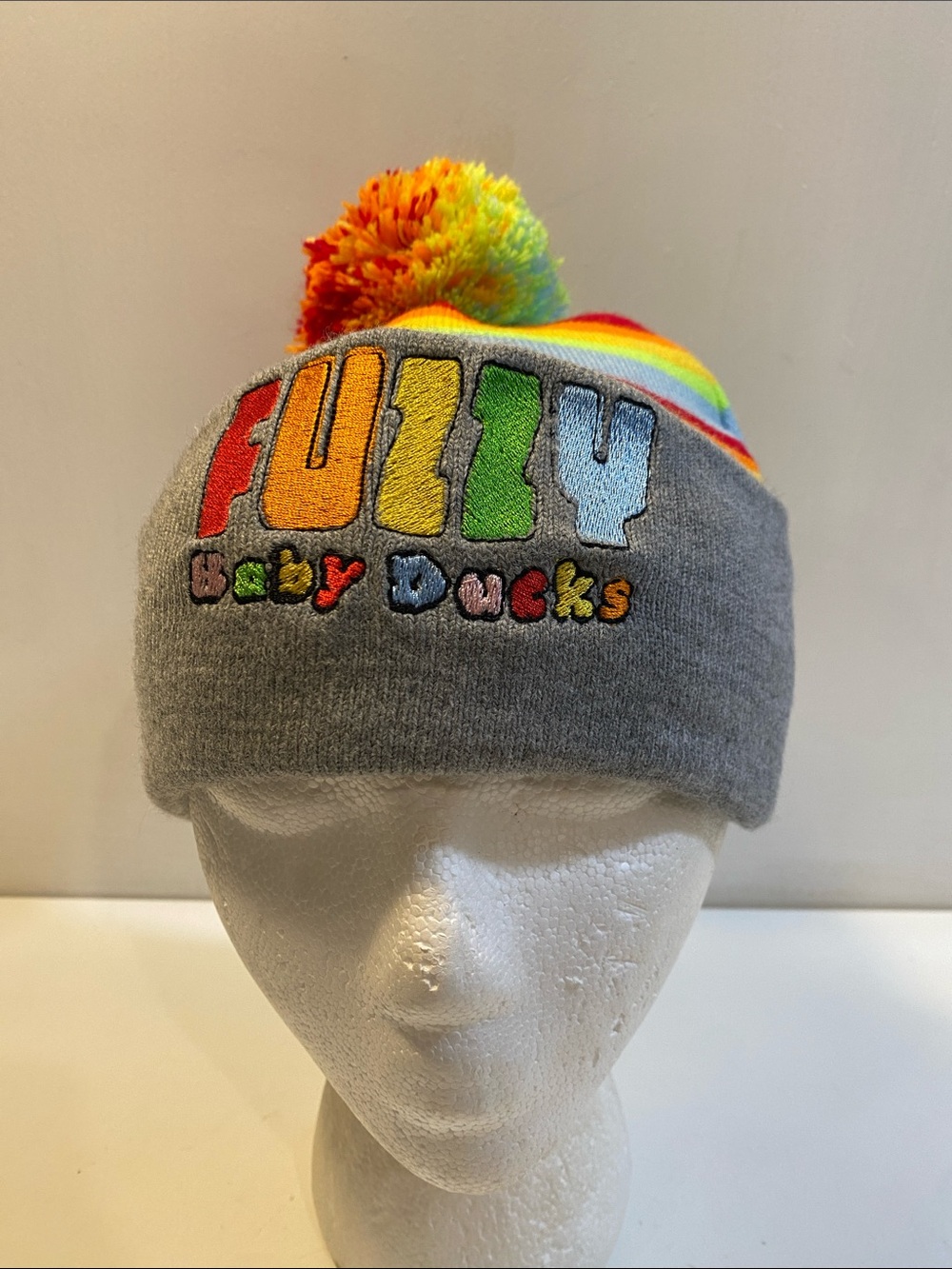 Kids Rainbow Pom Beanie Gray Cuffed Knit Muticolor